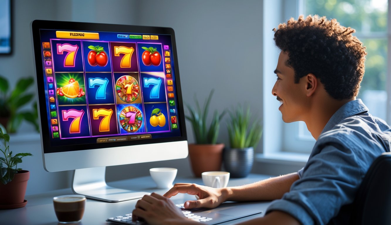 Seorang dewasa muda bermain permainan slot online di laptop dengan ekspresi fokus dan senyum tipis di ruang kerja yang nyaman.