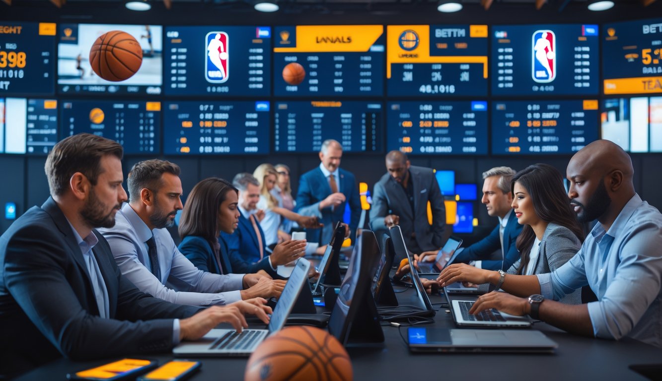 Orang-orang sedang melihat layar besar menampilkan pertandingan NBA dan memasang taruhan menggunakan ponsel dan laptop.