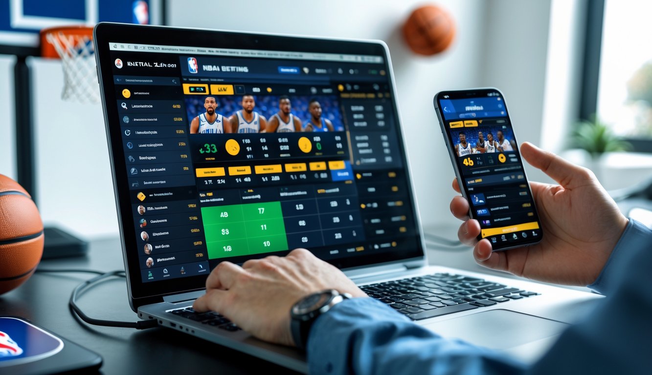 Seseorang menggunakan laptop dan ponsel untuk memasang taruhan pada pertandingan bola basket NBA di ruang kerja modern.