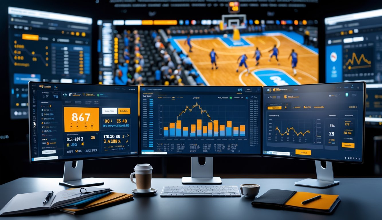 Seorang analis olahraga di meja kerja dengan beberapa monitor menampilkan statistik dan pertandingan NBA, suasana fokus dan profesional.