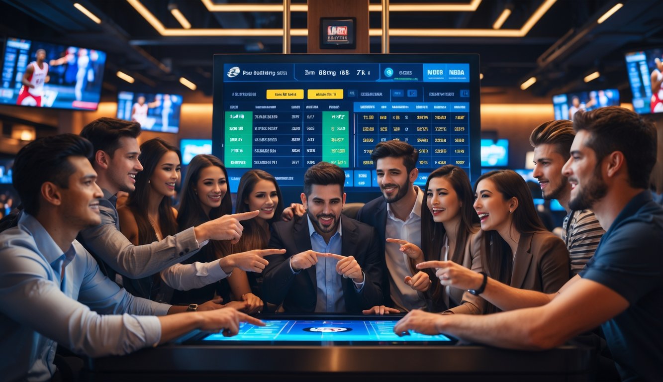 Sekelompok orang muda sedang melihat layar sentuh besar menampilkan statistik dan skor NBA di sebuah tempat taruhan olahraga modern.