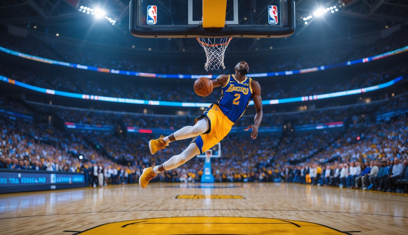 Seorang pemain bola basket sedang melompat untuk melakukan slam dunk di lapangan dengan penonton ramai di latar belakang.