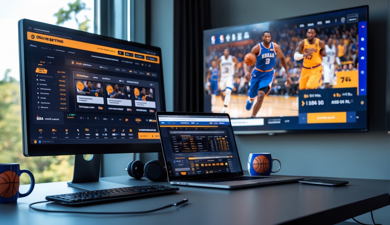 Sebuah ruang kerja rumah dengan komputer dan laptop yang menampilkan pertandingan NBA langsung dan antarmuka taruhan online.