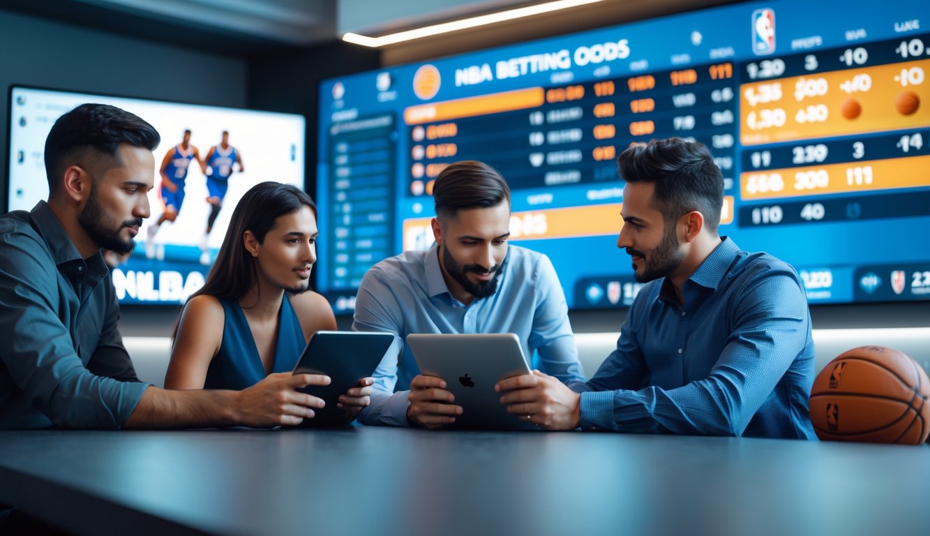Orang-orang sedang melihat dan membahas data taruhan NBA terbaru di layar digital di sebuah ruangan modern.
