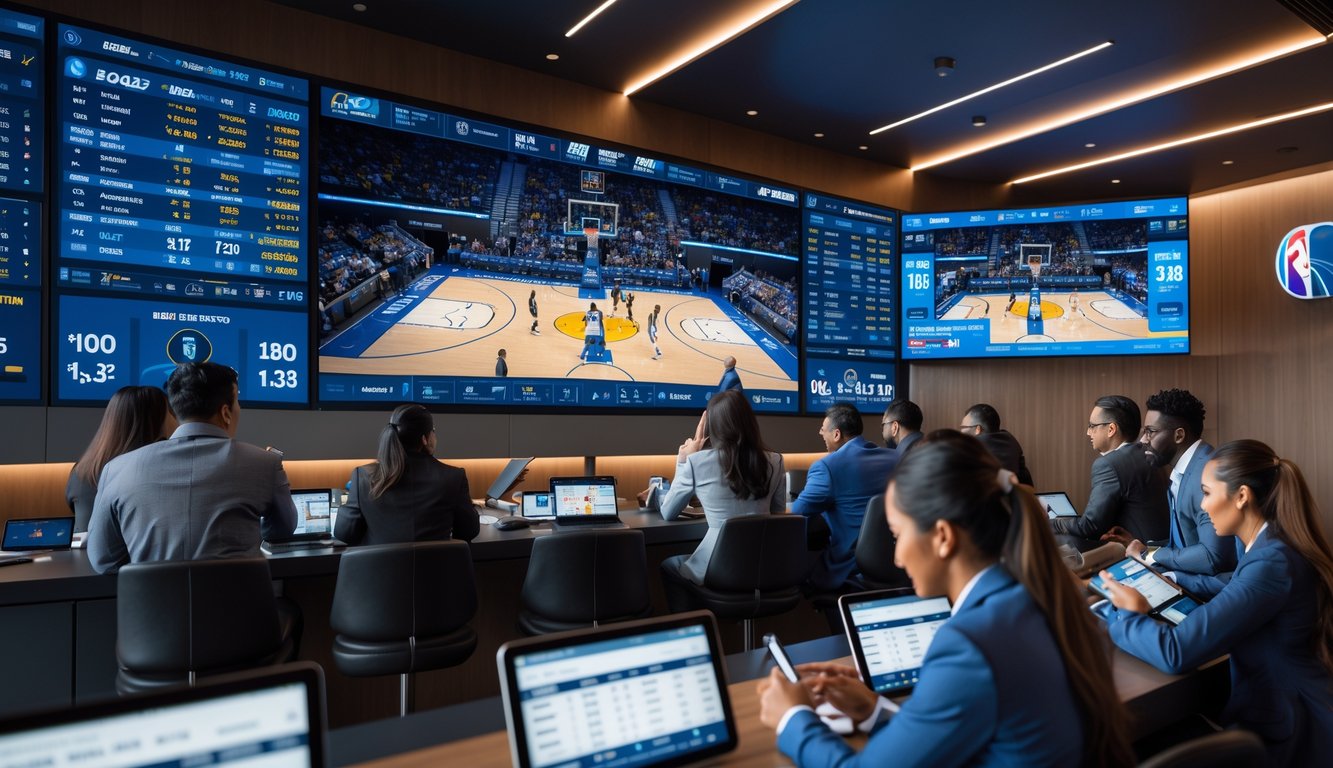 Sejumlah orang di dalam ruang taruhan olahraga modern yang menonton pertandingan bola basket NBA dan menggunakan perangkat elektronik untuk memasang taruhan.