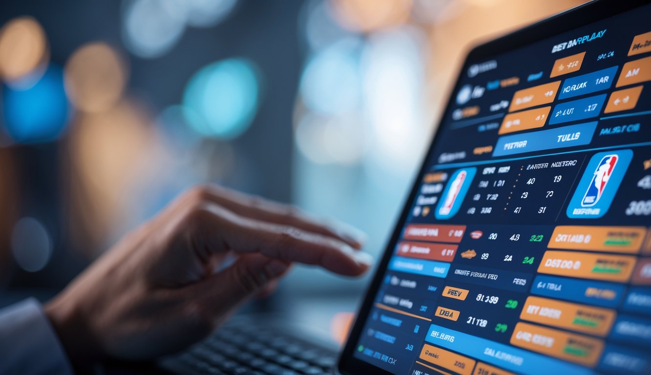 Tampilan layar perangkat digital yang menunjukkan antarmuka taruhan NBA parlay dengan logo tim dan statistik pemain.