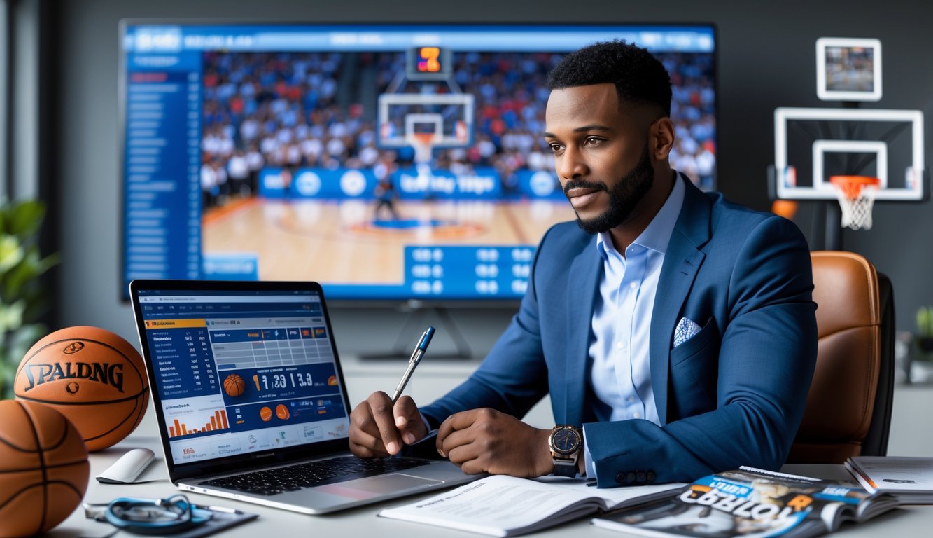 Seorang pria duduk di meja dengan laptop dan layar TV menampilkan pertandingan NBA, sedang menganalisis data taruhan bola basket.