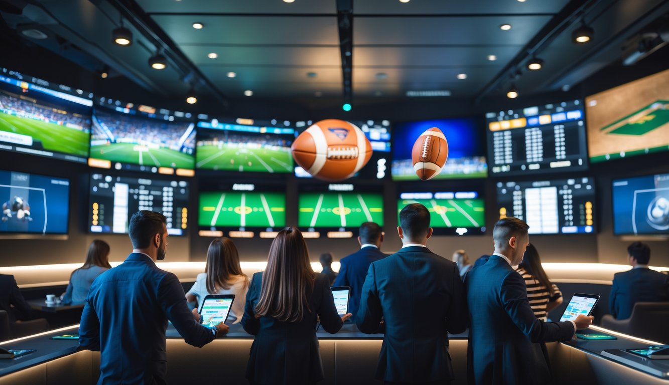 Beberapa orang menonton pertandingan olahraga di layar besar dan menggunakan perangkat digital untuk memasang taruhan di sebuah ruang taruhan olahraga modern.