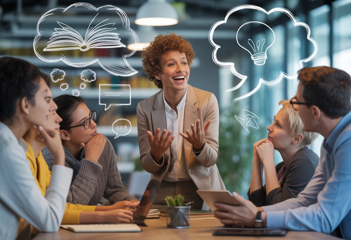 A group of people attentively listening to a speaker sharing a story in a modern office setting.