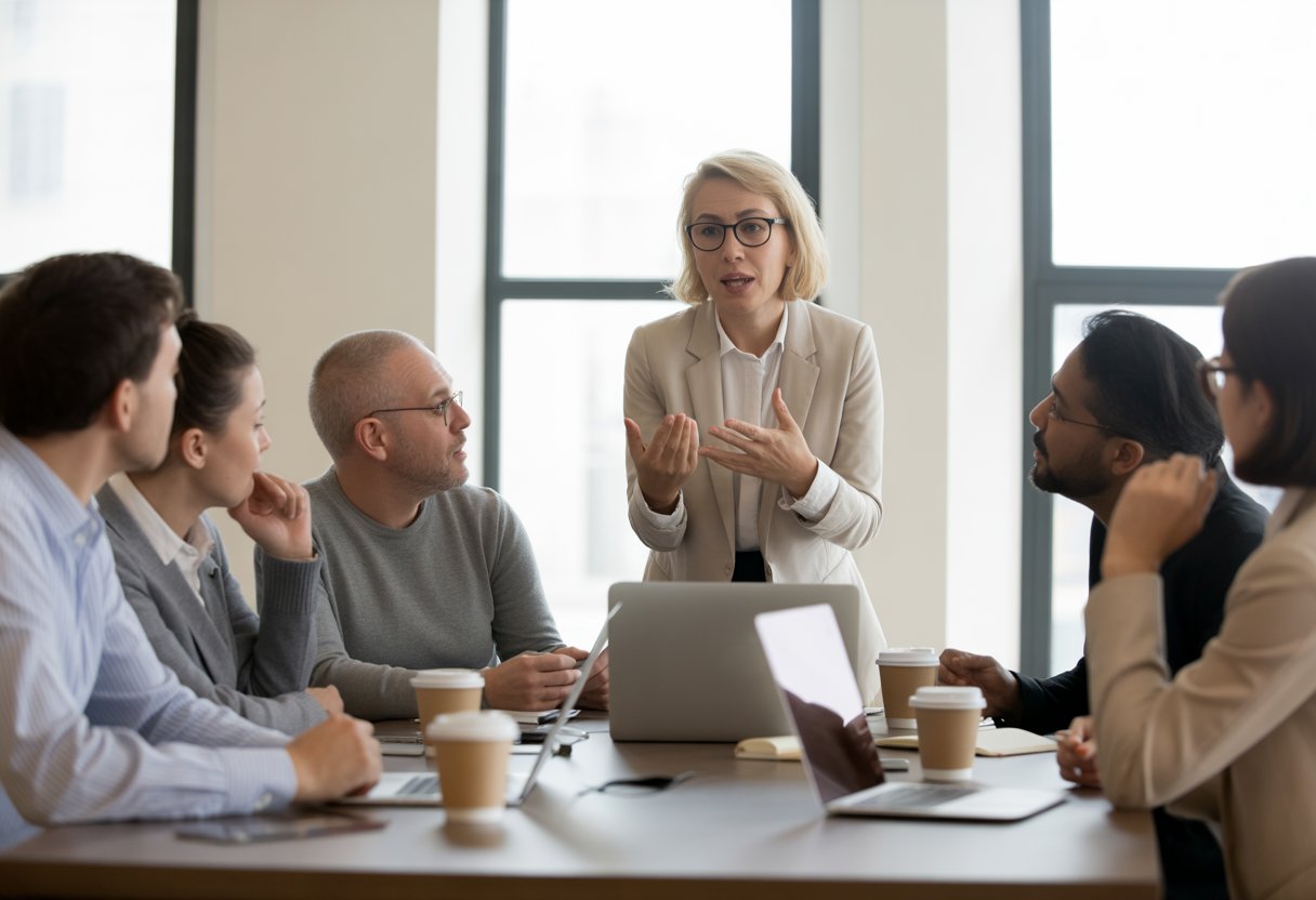 A group of diverse people in an office listening attentively to a woman speaking during a meeting.