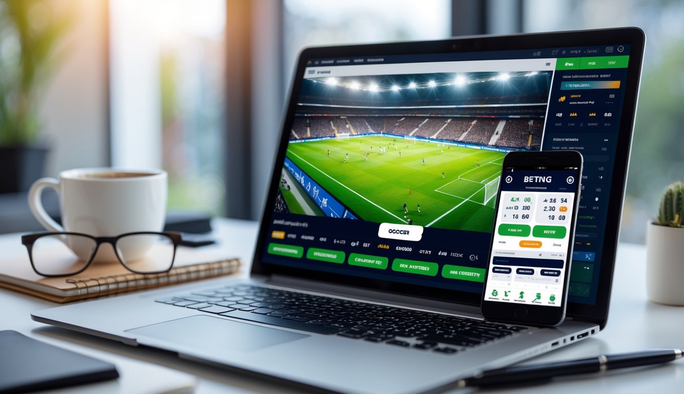 Seseorang menggunakan laptop dan ponsel untuk memasang taruhan bola online di meja kerja.