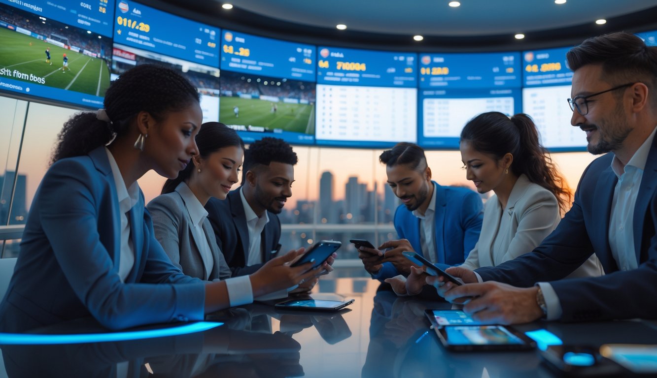 Orang-orang sedang menggunakan perangkat digital untuk bertaruh pada acara olahraga di ruang modern dengan layar besar dan pemandangan kota di latar belakang.