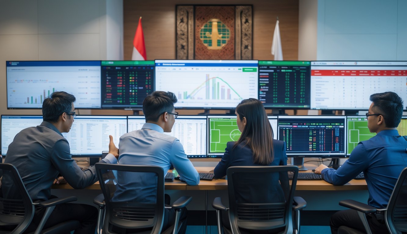 Beberapa orang sedang melihat dan membahas statistik olahraga di sebuah kantor modern dengan layar komputer besar menampilkan berbagai pertandingan olahraga.