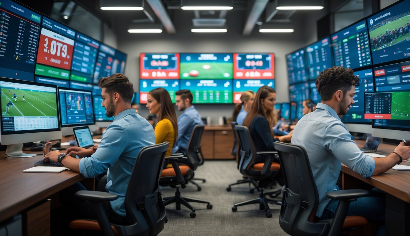 Orang-orang bekerja di kantor taruhan olahraga online dengan komputer dan ponsel, memperhatikan pertandingan olahraga di layar.