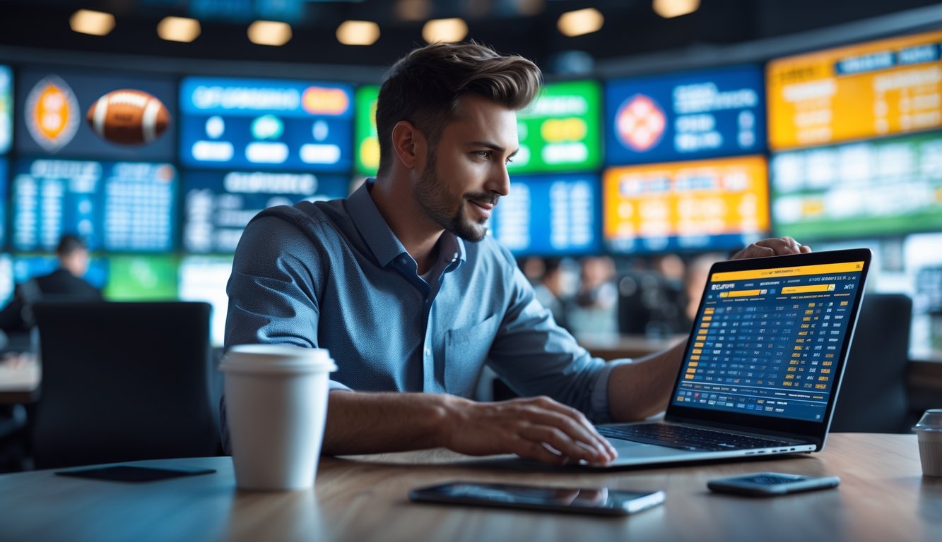 Seorang individu fokus menggunakan laptop di depan layar yang menampilkan berbagai acara olahraga dan peluang taruhan tinggi.