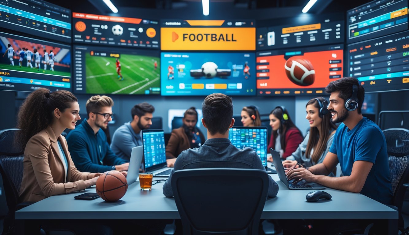 Beberapa orang muda sedang menggunakan perangkat digital di ruang kerja modern dengan layar besar menampilkan pertandingan sepak bola dan turnamen e-sports.