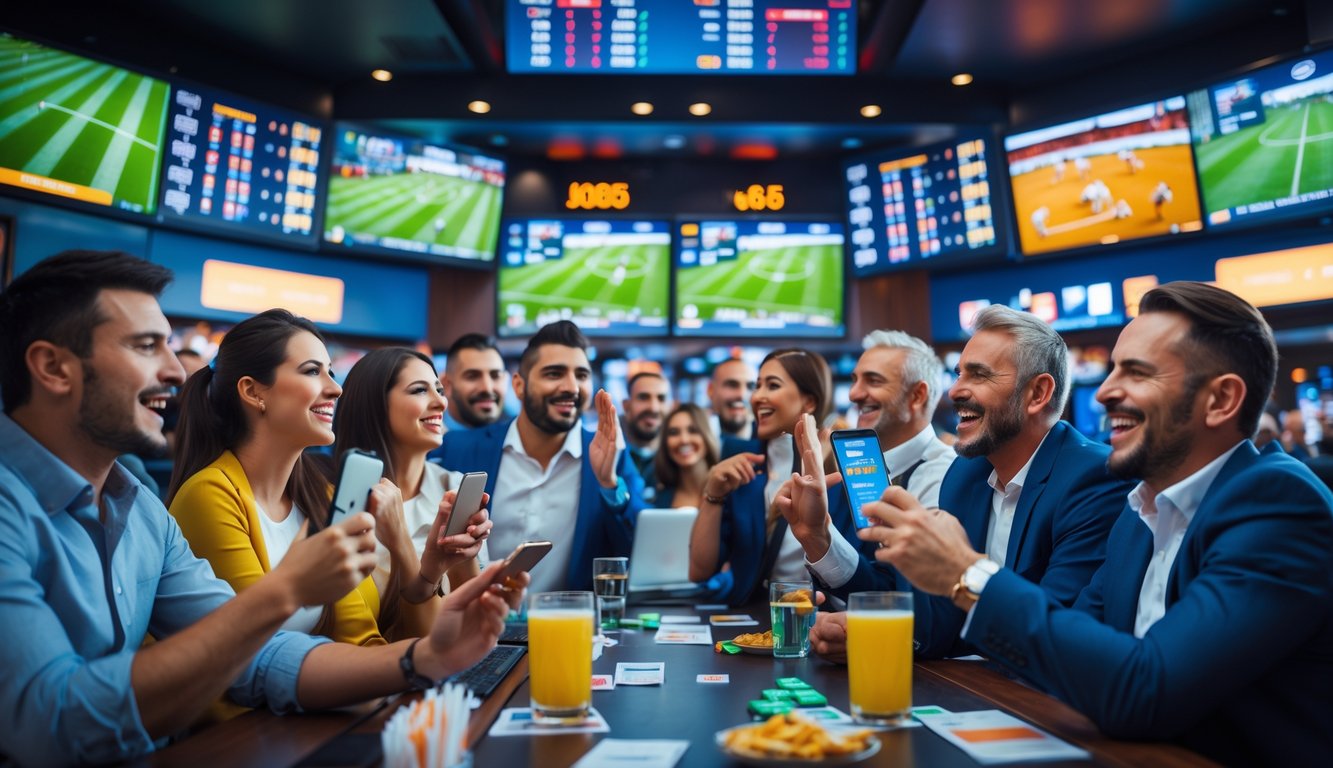 Sekelompok orang menonton pertandingan olahraga di ruang taruhan dengan layar besar dan perangkat digital.