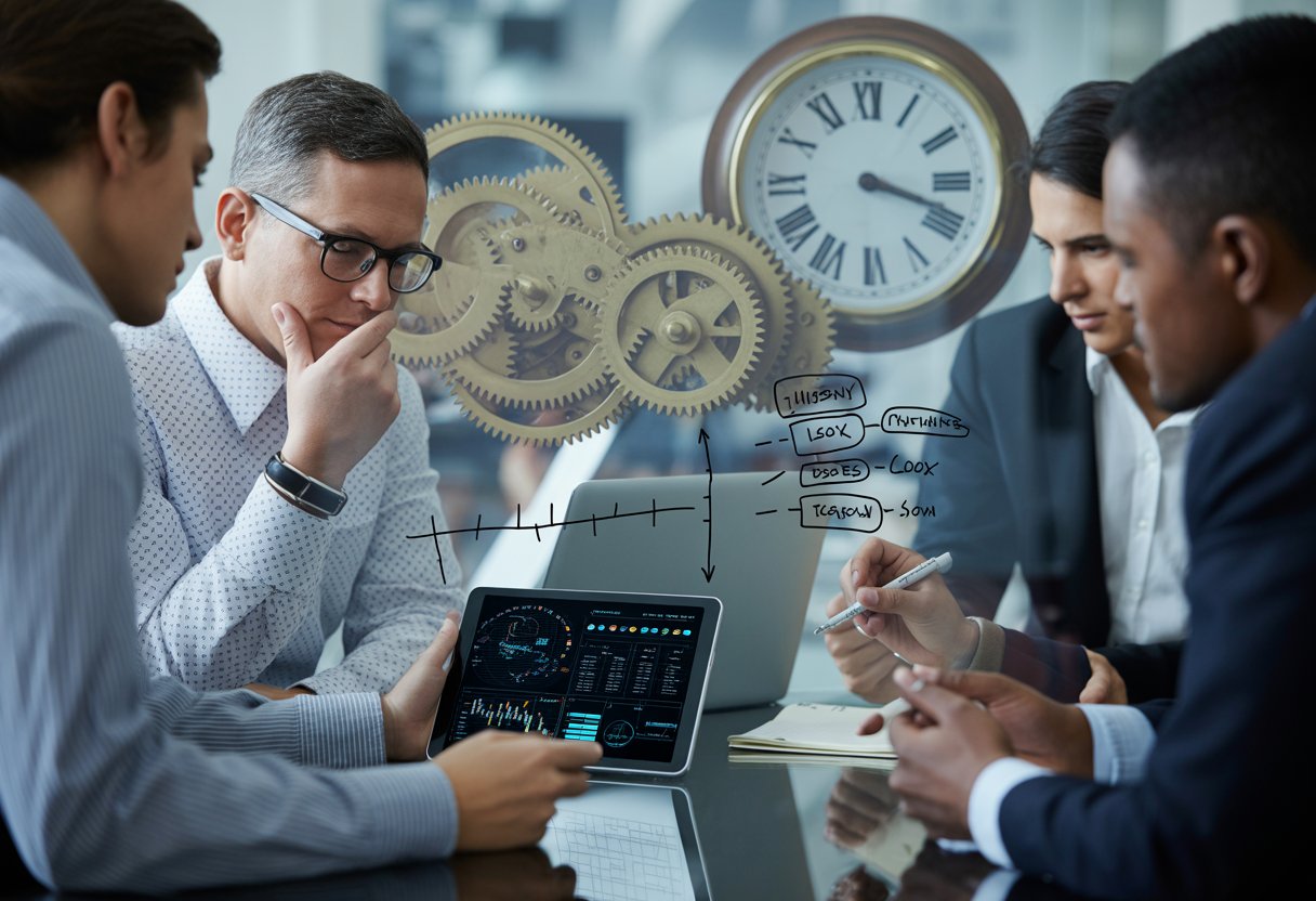 A group of professionals in an office discussing data and writing on a glass board with charts and diagrams, showing focused thinking and collaboration.