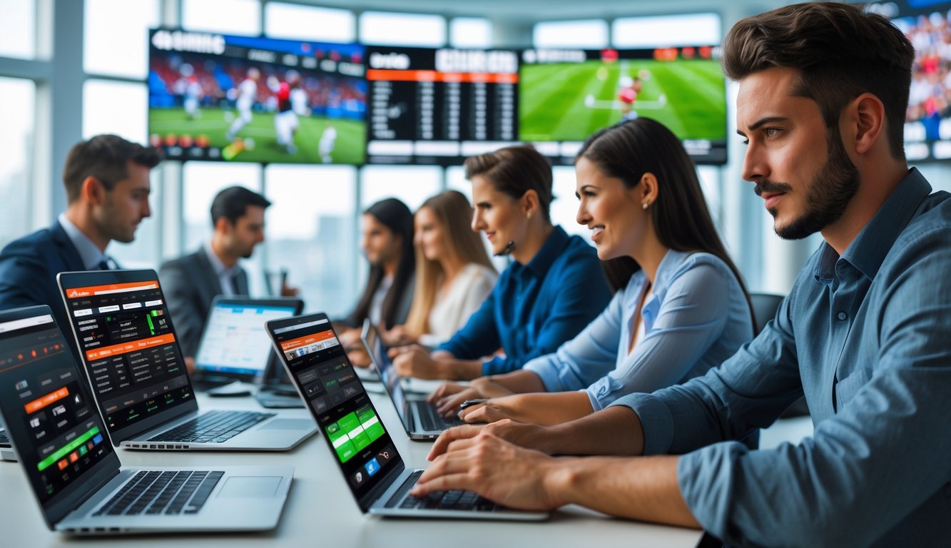 Sekelompok orang menggunakan perangkat digital untuk melihat pertandingan olahraga dan memasang taruhan di sebuah kantor modern.