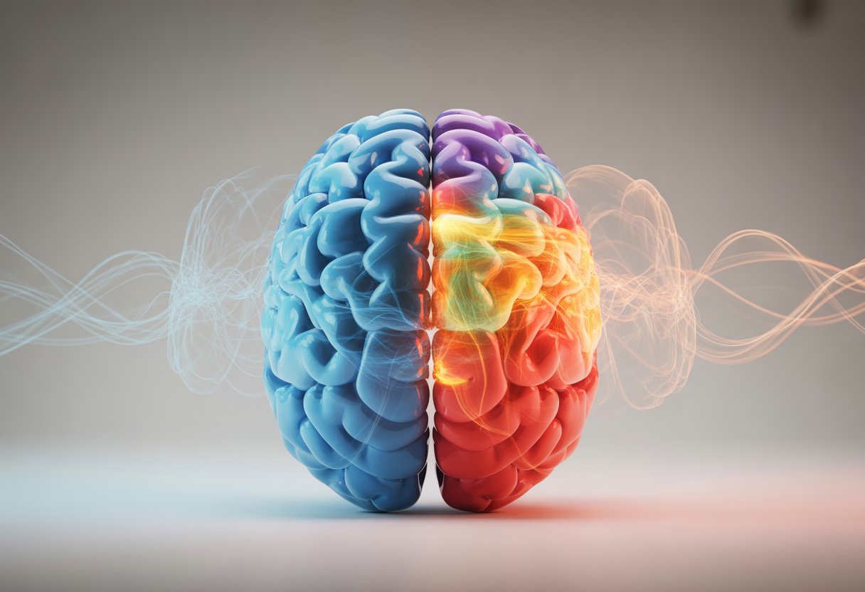 A human brain split into two halves, one side glowing blue and the other glowing orange, symbolizing fast and slow thinking processes.