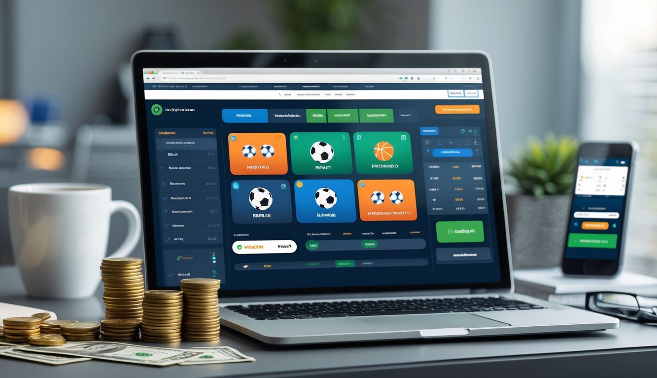 Seorang pria duduk di meja dengan laptop dan ponsel yang menampilkan situs judi olahraga, di samping terdapat tumpukan koin kecil sebagai simbol deposit kecil.