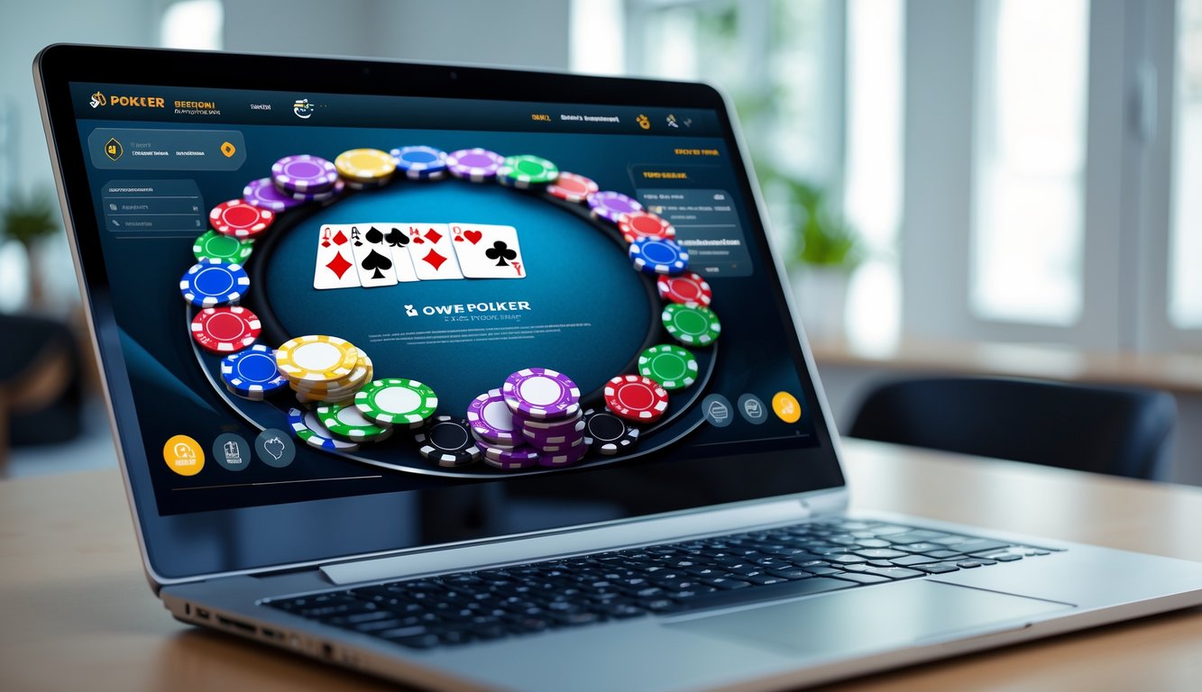 Seseorang sedang bermain poker online di komputer dengan chip poker dan kartu di layar dalam suasana ruangan yang terang dan rapi.