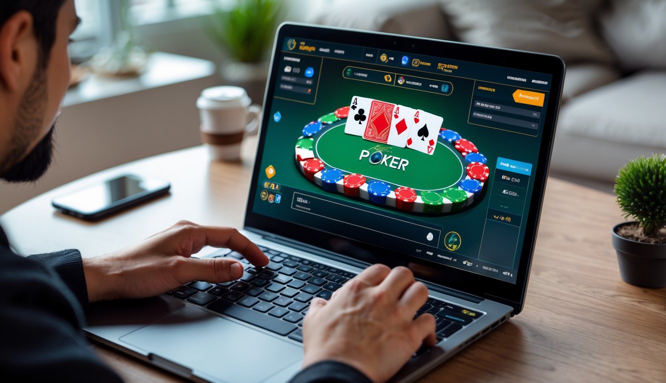 Seseorang bermain poker online menggunakan komputer dengan chip poker dan kartu di meja.