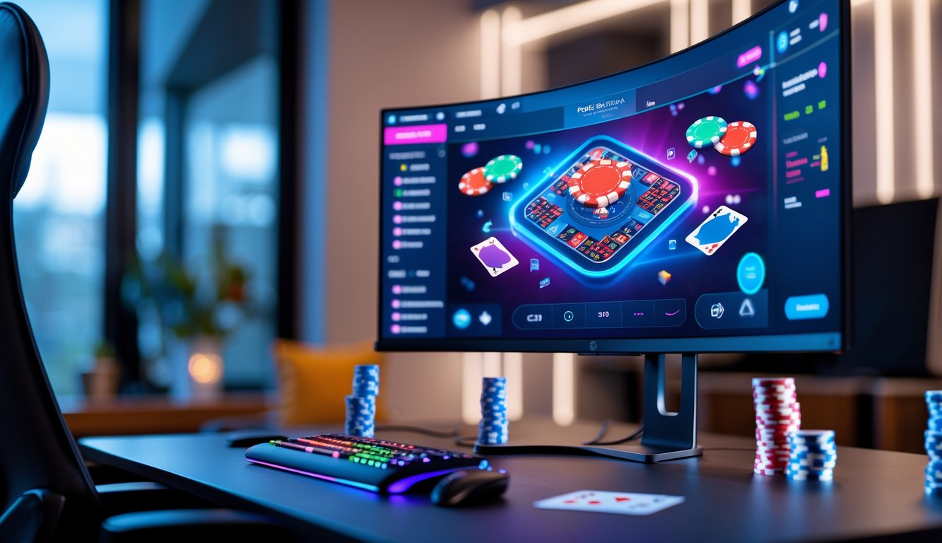 Meja permainan poker modern dengan monitor menampilkan permainan poker digital dan chip poker berwarna-warni.