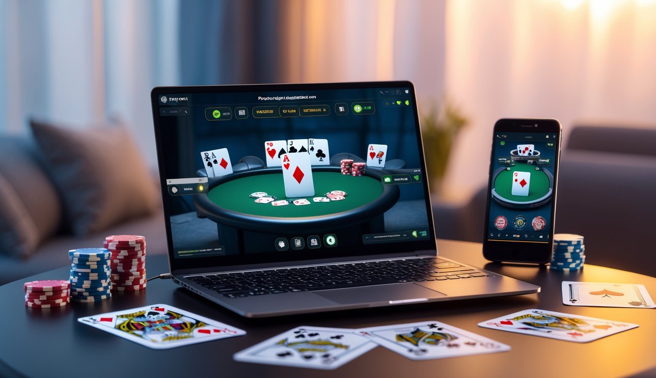 Seorang pria sedang bermain poker online di laptop dengan chip dan kartu poker di meja di sekitarnya.