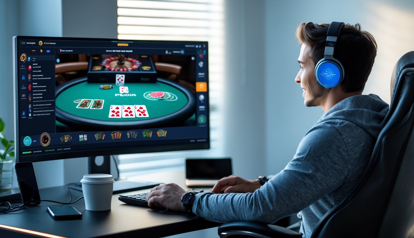 Seseorang duduk di depan komputer dengan tampilan permainan poker online di layar, di ruang kerja yang rapi dan terang.