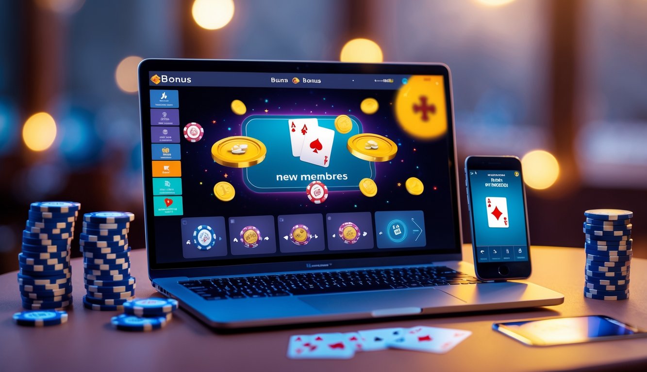 Sebuah meja dengan laptop yang menampilkan permainan poker online, dikelilingi oleh tumpukan chip poker dan kartu bermain.