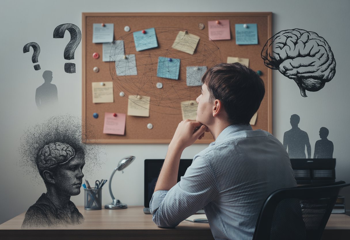 A young adult sitting at a desk, looking thoughtfully at a corkboard with interconnected strings and pinned notes, surrounded by abstract symbols representing psychological exploration.