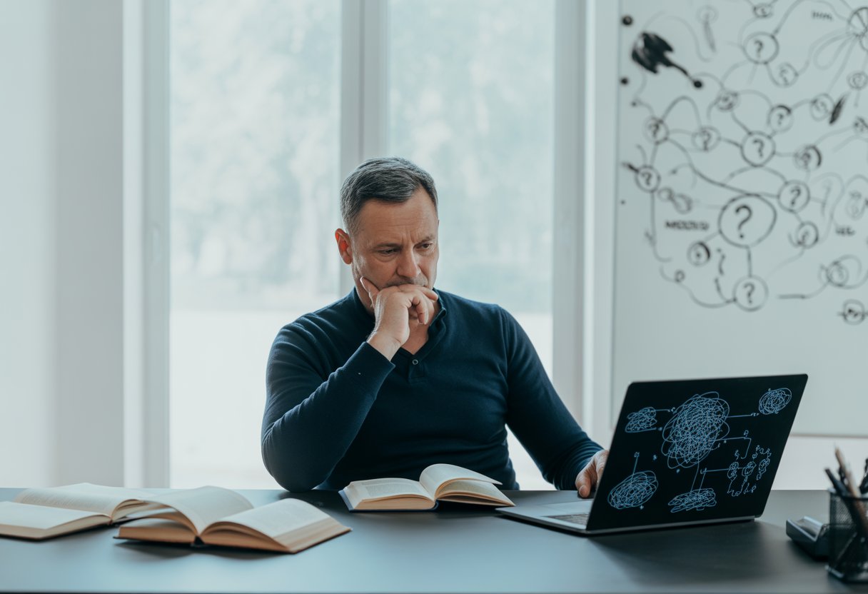 A man sitting at a desk surrounded by books and a laptop, looking thoughtfully at a whiteboard with diagrams and question marks.