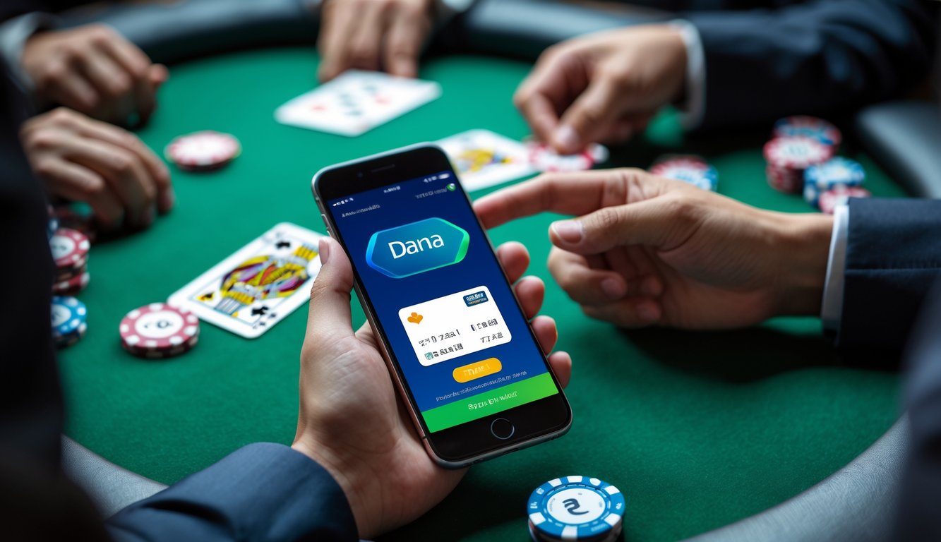 Tangan seseorang memegang ponsel dengan aplikasi dompet digital Dana, di atas meja poker dengan chip dan kartu bermain.