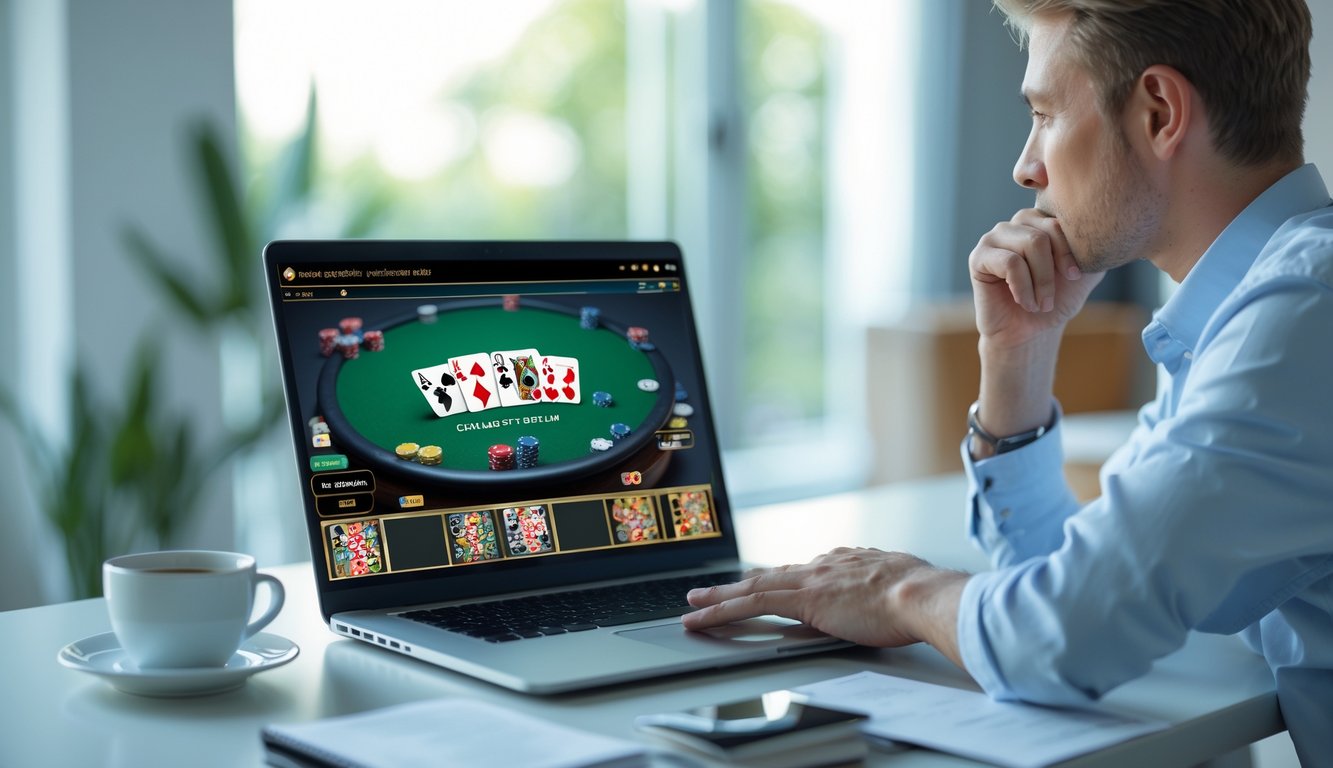 Seseorang duduk di meja kerja dengan laptop yang menampilkan permainan poker online tanpa robot.