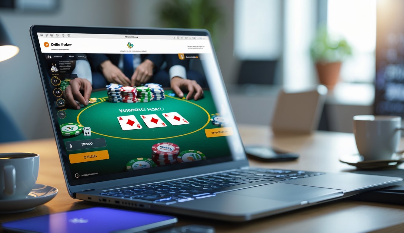 Seseorang sedang bermain poker online di komputer dengan tumpukan chip dan kartu yang terlihat jelas di layar.