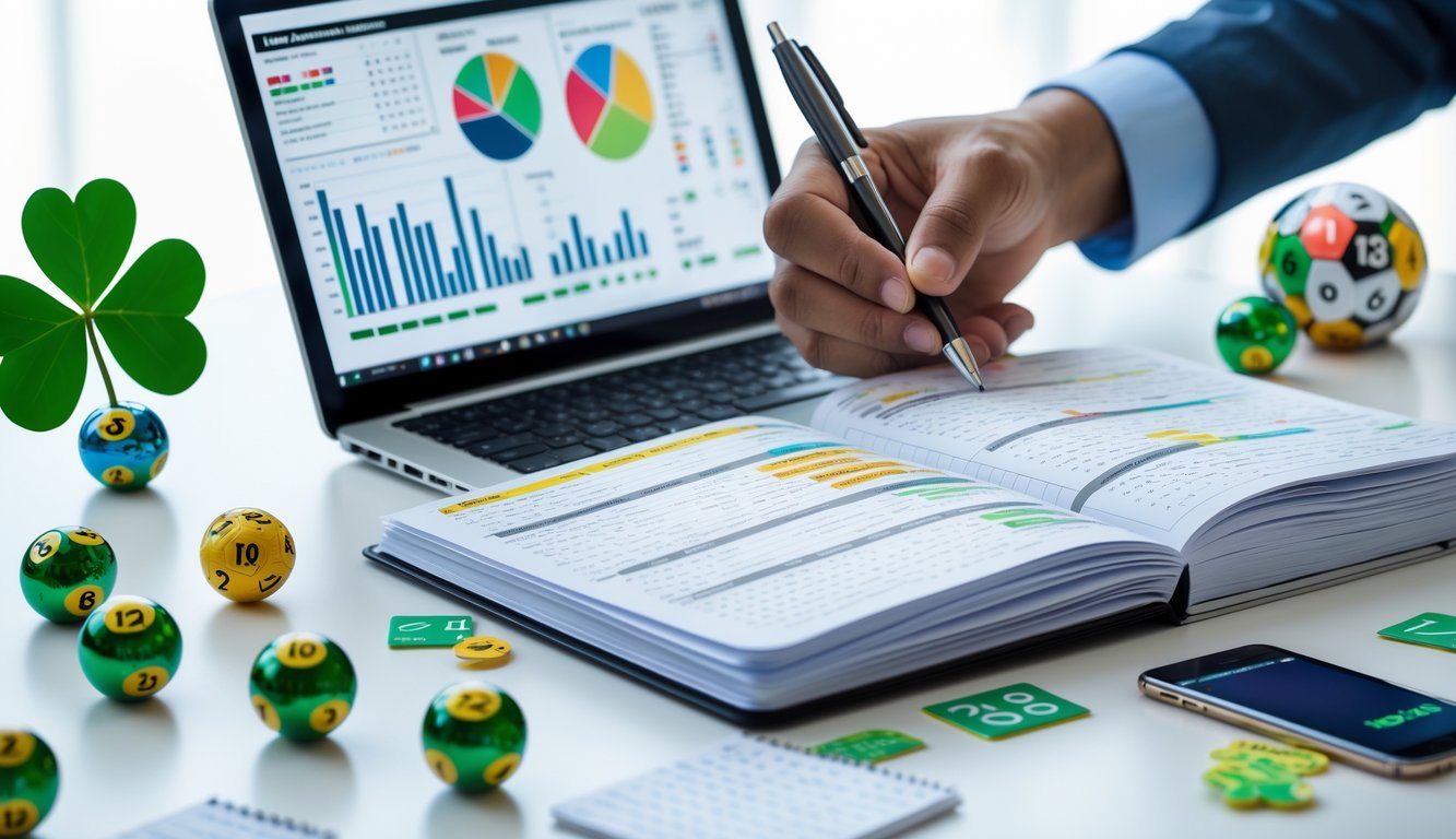 Meja kerja modern dengan laptop, tangan memegang pena di atas buku catatan berisi perhitungan, dan bola togel di sekitar meja.
