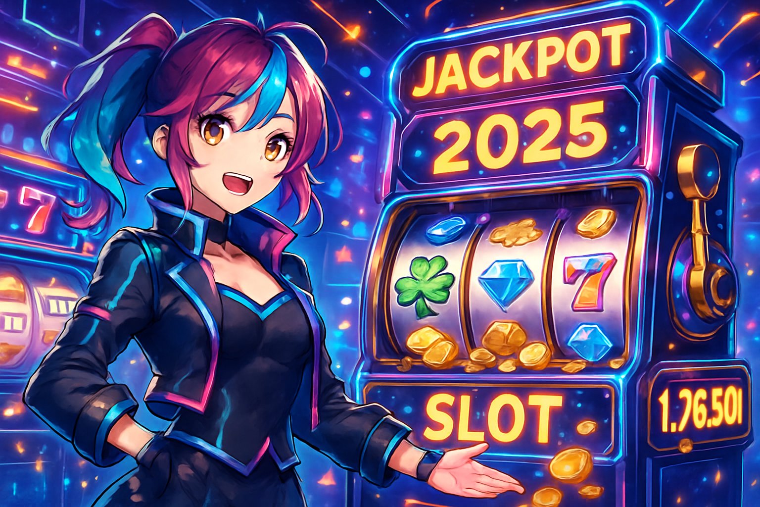Seorang wanita muda berdiri di depan mesin slot yang menyala dengan latar belakang kasino yang penuh lampu dan layar digital menampilkan jackpot besar.