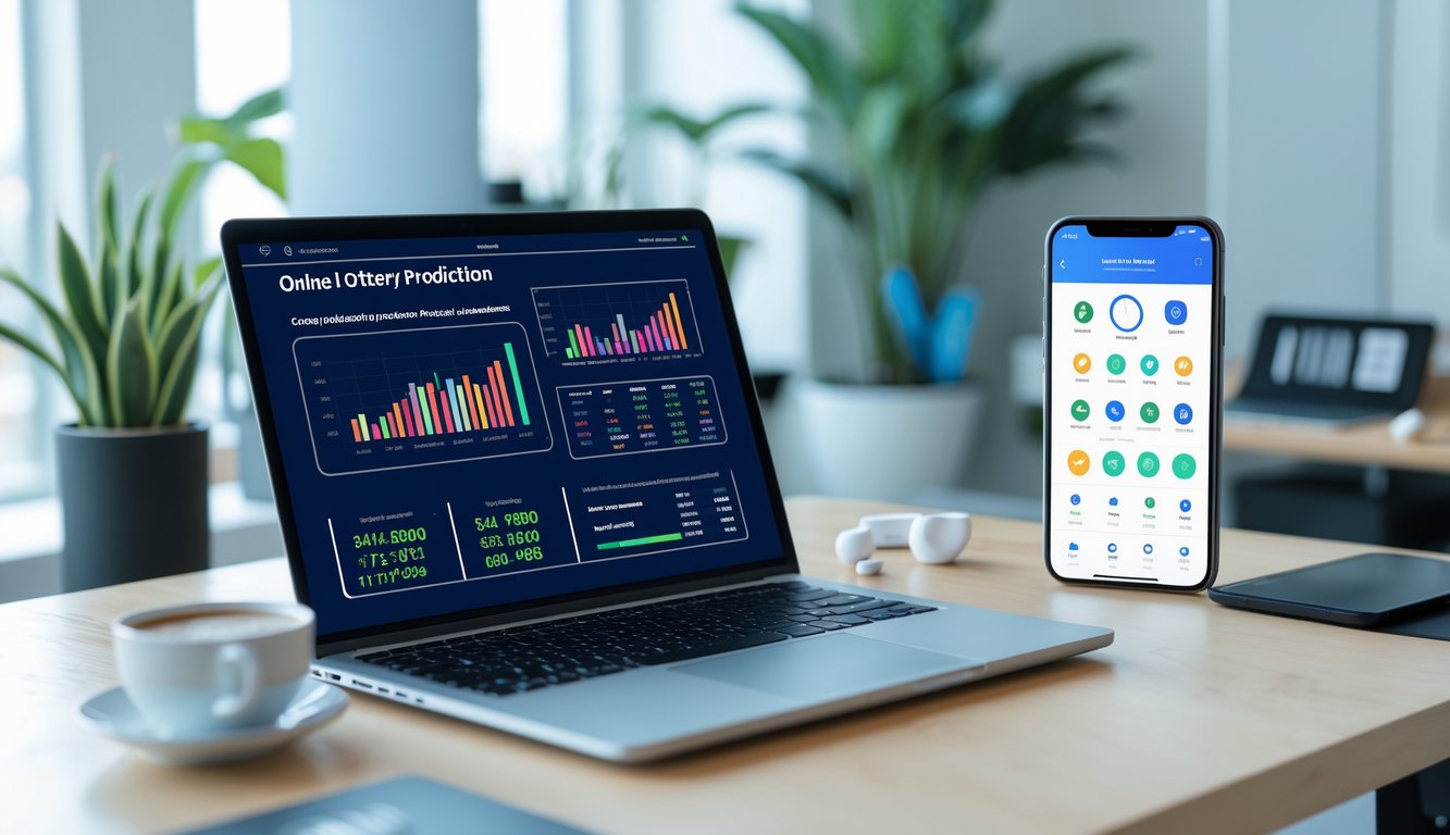Meja kerja modern dengan laptop, ponsel menampilkan aplikasi prediksi togel, dan secangkir kopi di lingkungan kantor yang terang dan rapi.