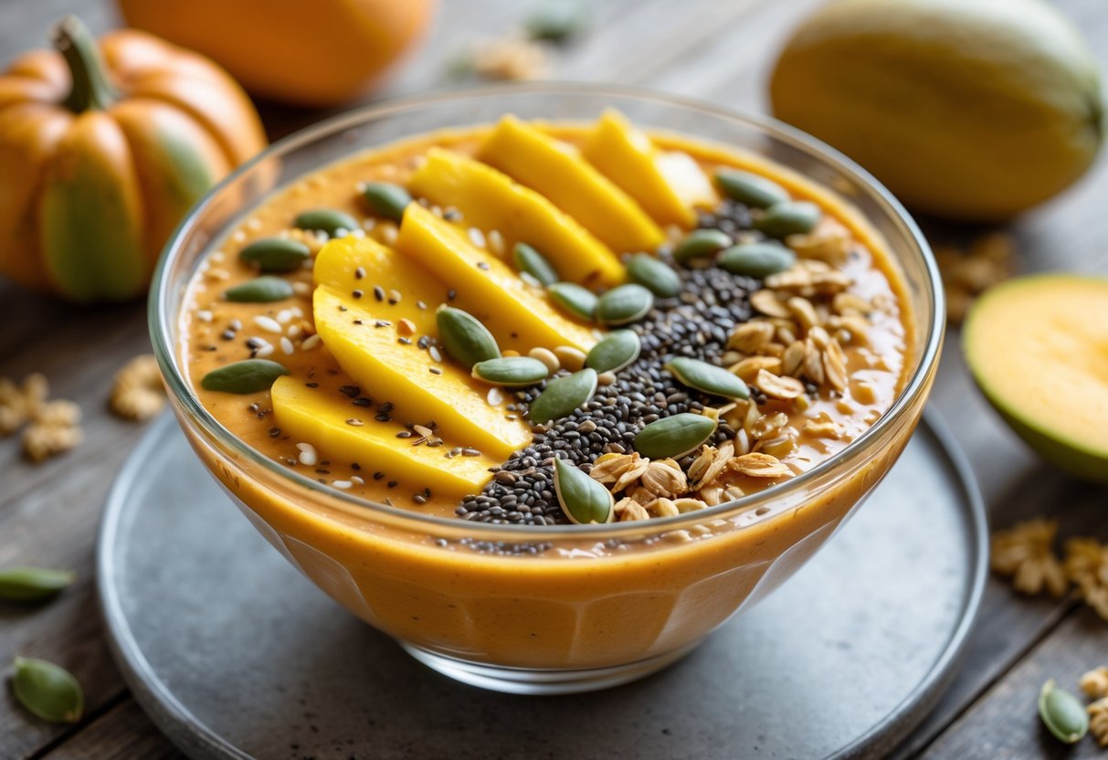 A bowl of pumpkin mango smoothie topped with mango slices, pumpkin seeds, chia seeds, and granola on a wooden table with fresh mangoes and small pumpkins nearby.