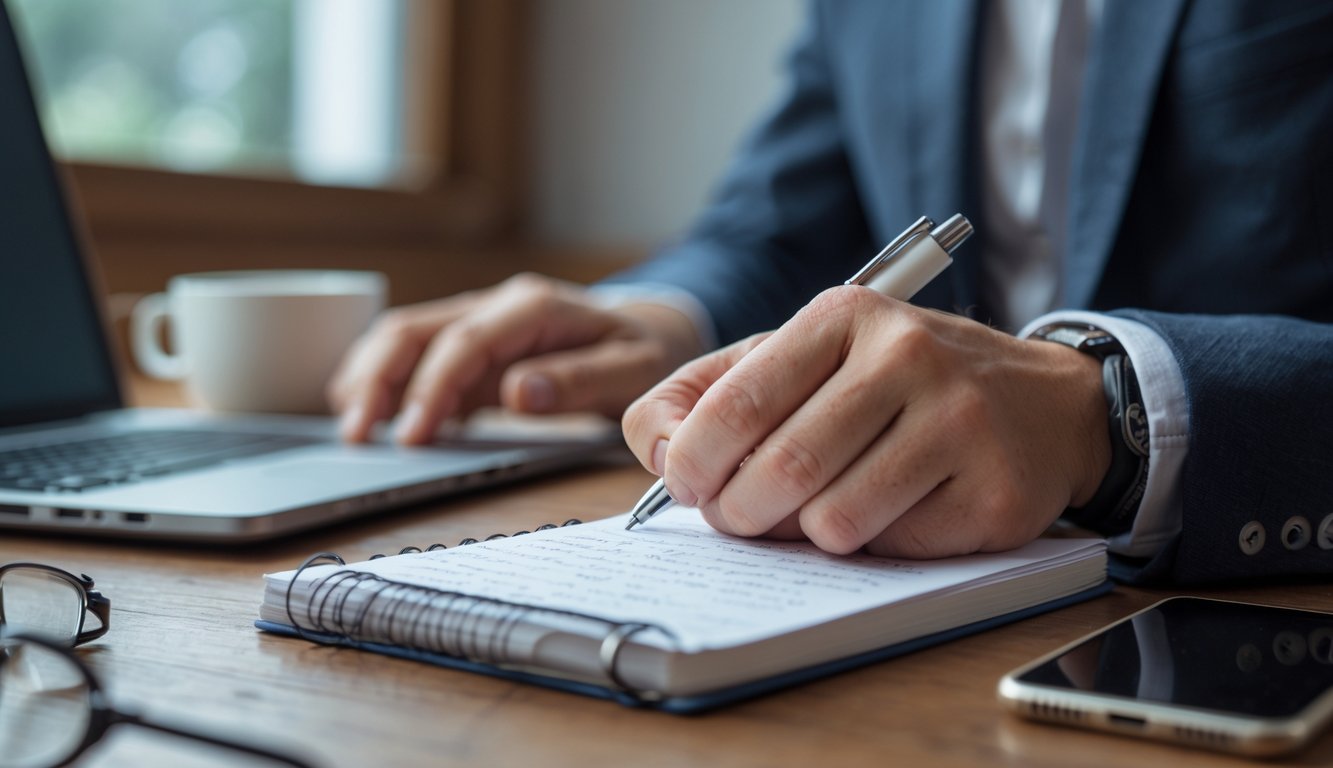Tangan seseorang menulis angka di buku catatan di atas meja kayu dengan laptop dan ponsel di latar belakang.