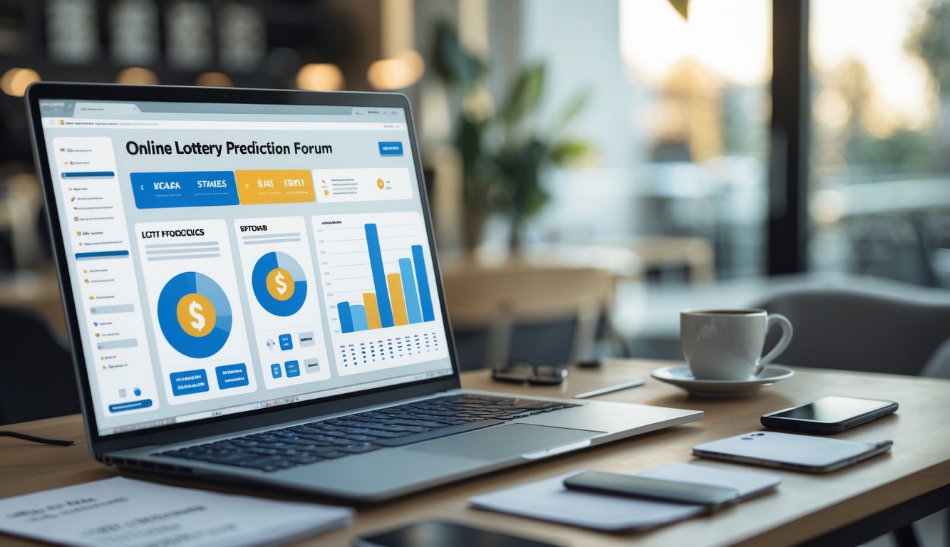 Seseorang sedang menggunakan laptop di meja kerja dengan grafik dan angka terkait prediksi togel, di ruang kerja yang nyaman.