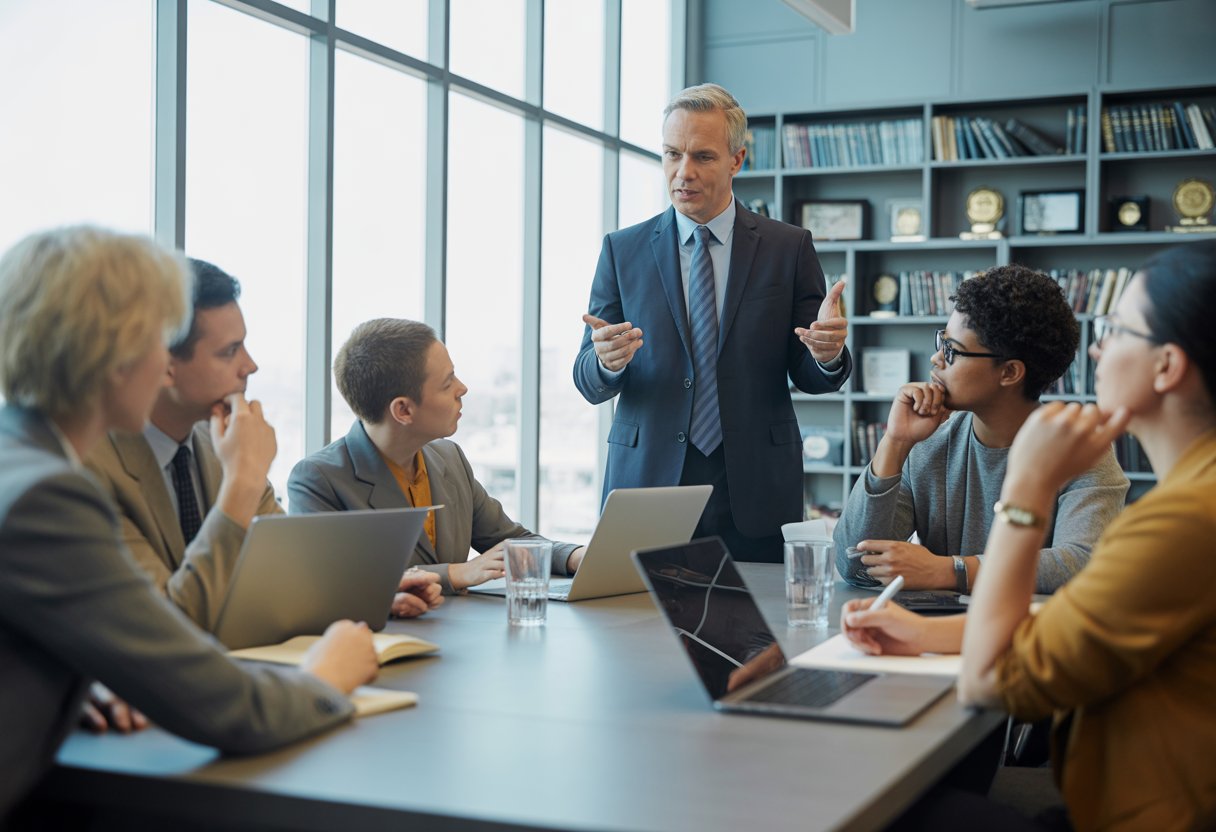 A diverse group of people having a serious discussion around a conference table in an office.