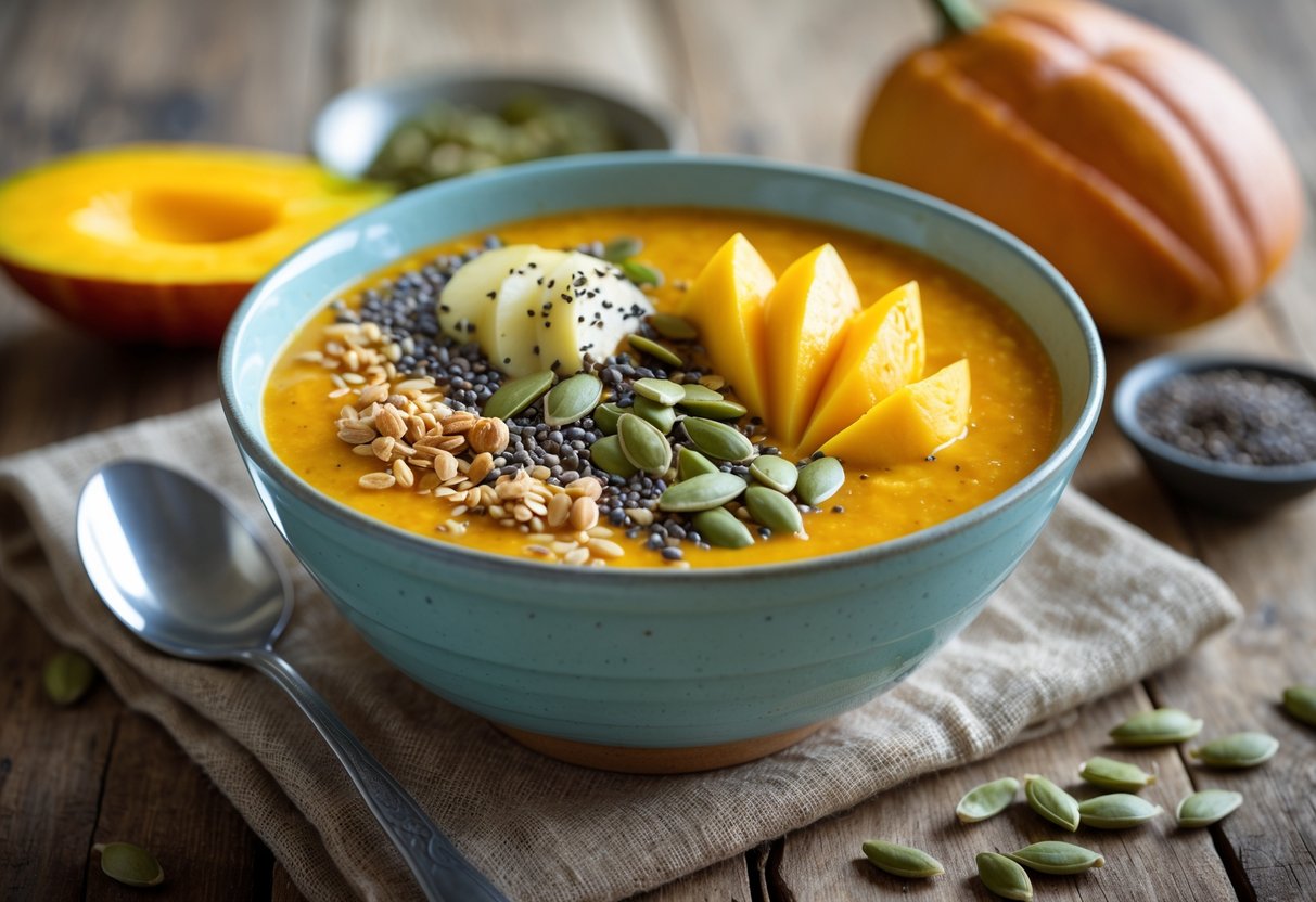 A smoothie bowl topped with mango slices, pumpkin seeds, chia seeds, and granola on a wooden table with fresh mango and pumpkin nearby.