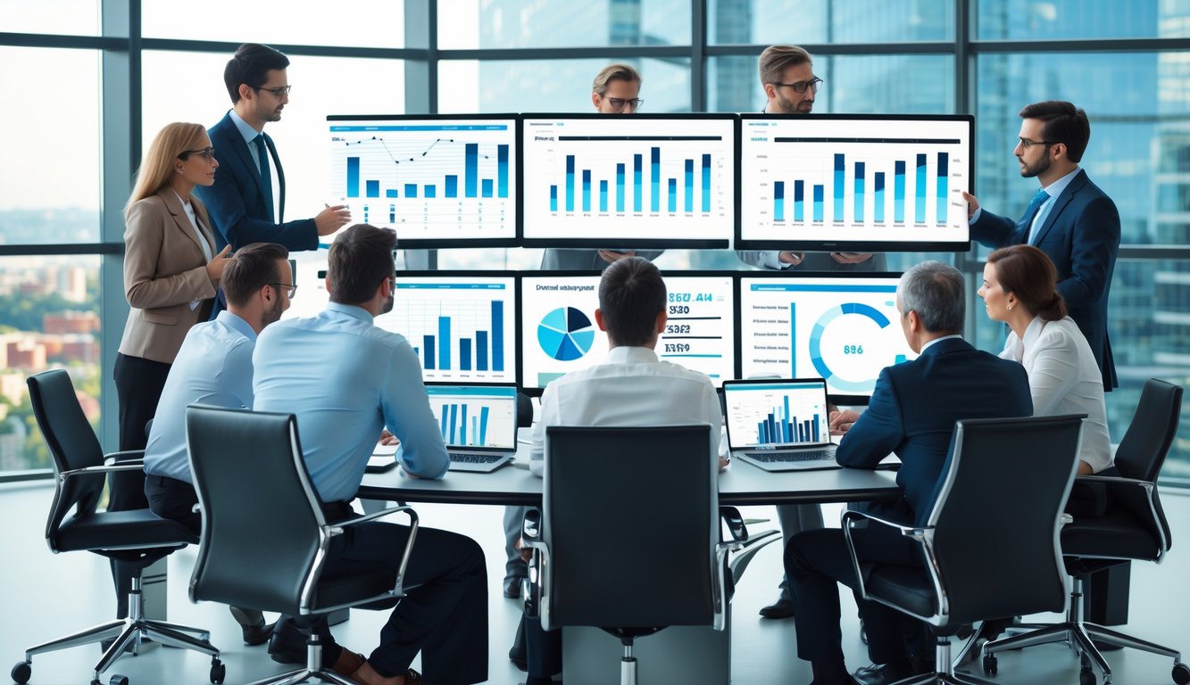 Sekelompok profesional bisnis sedang berdiskusi di meja konferensi dengan layar digital menampilkan grafik dan angka.