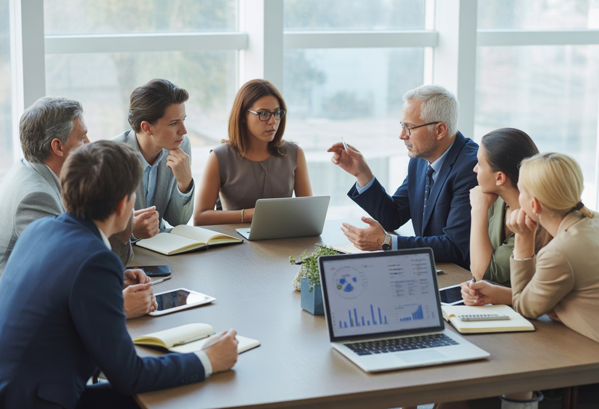A diverse group of adults having a serious discussion around a conference table with notebooks and laptops.