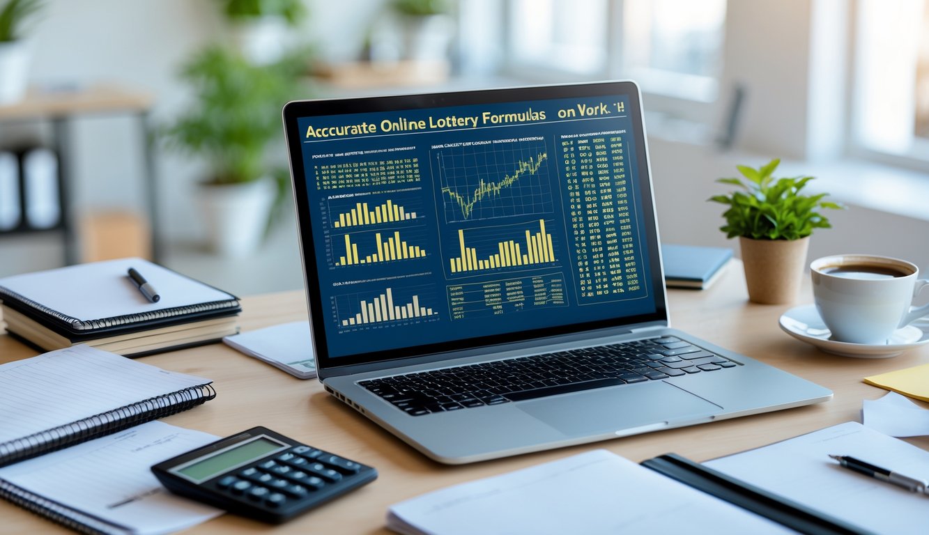 Meja kerja modern dengan laptop yang menampilkan data angka dan grafik, buku catatan, kalkulator, dan secangkir kopi di ruang kantor yang terang.