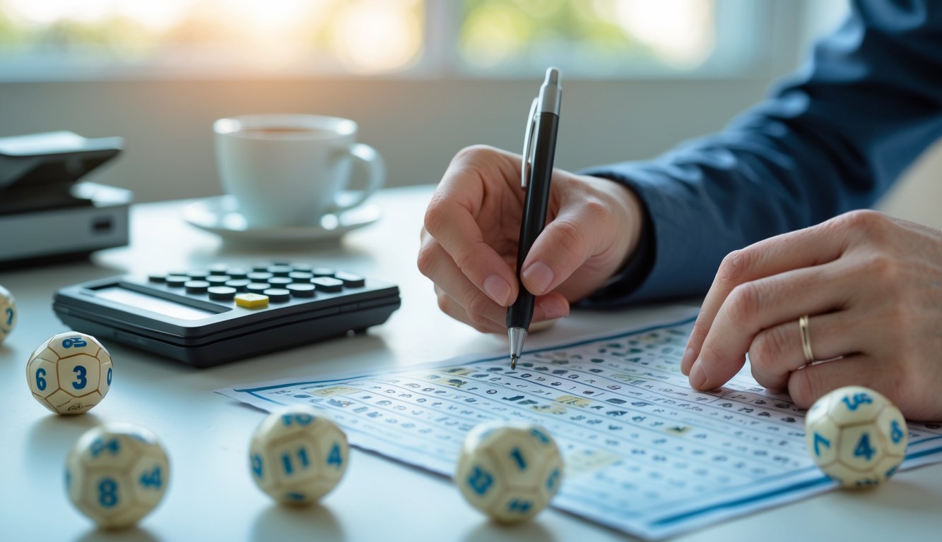 Tangan seseorang sedang mengisi tiket lotere di atas meja dengan bola lotere dan kalkulator di sekitarnya.