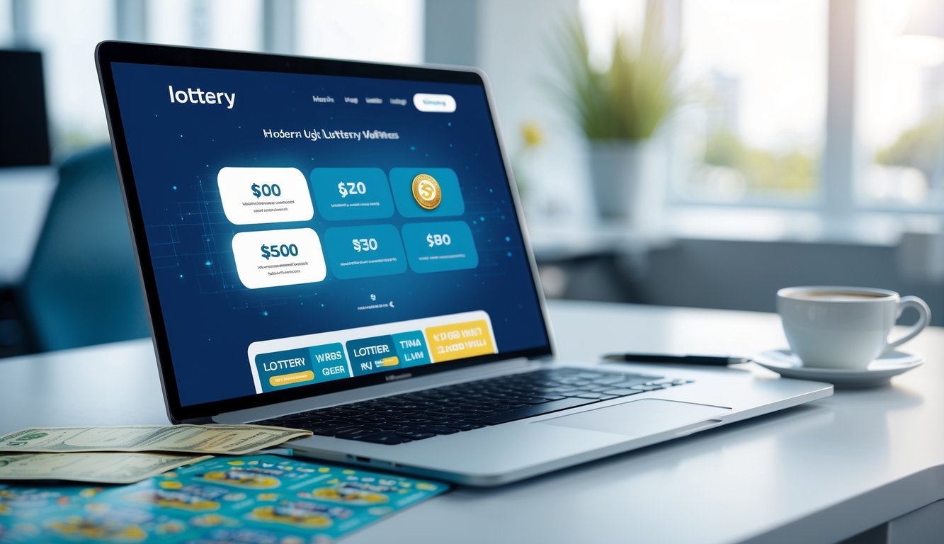 Meja kerja dengan laptop yang menampilkan situs lotere, tiket lotere, pena, dan cangkir kopi di ruang kantor yang terang.