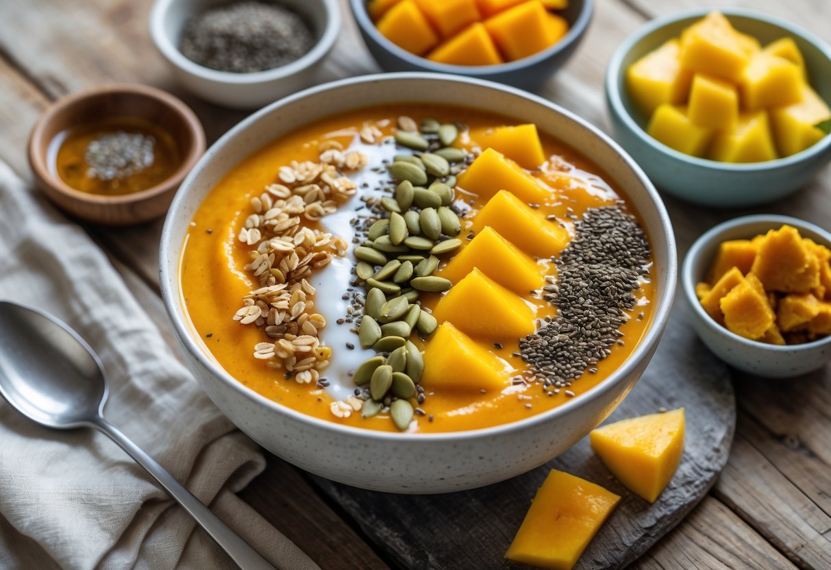 A pumpkin mango smoothie bowl topped with fresh fruit, pumpkin seeds, and granola on a wooden table with small bowls of ingredients around it.
